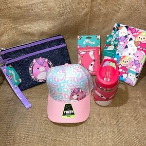 Squishmallow Lot: Lola Cap & Pencil Bag, Fifi Water Bottle & Wallet + Journal